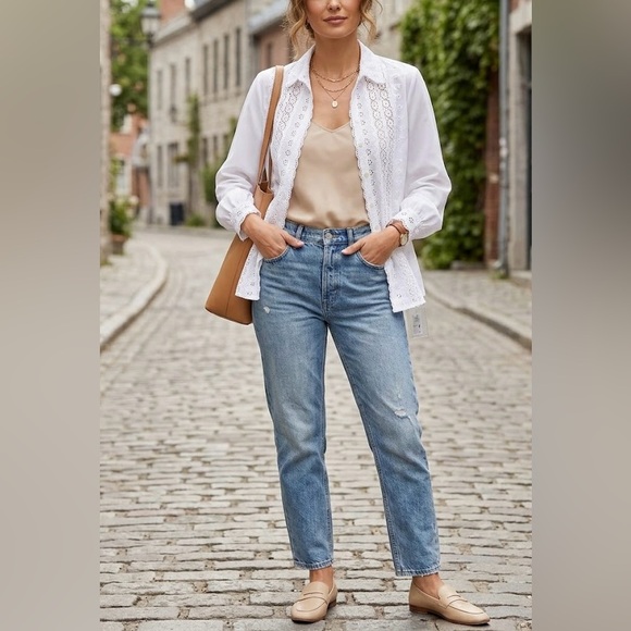 White Floral Eyelet Lace Trim Long Sleeve Top Scalloped Collar & Cuffs Large - Picture 10 of 10